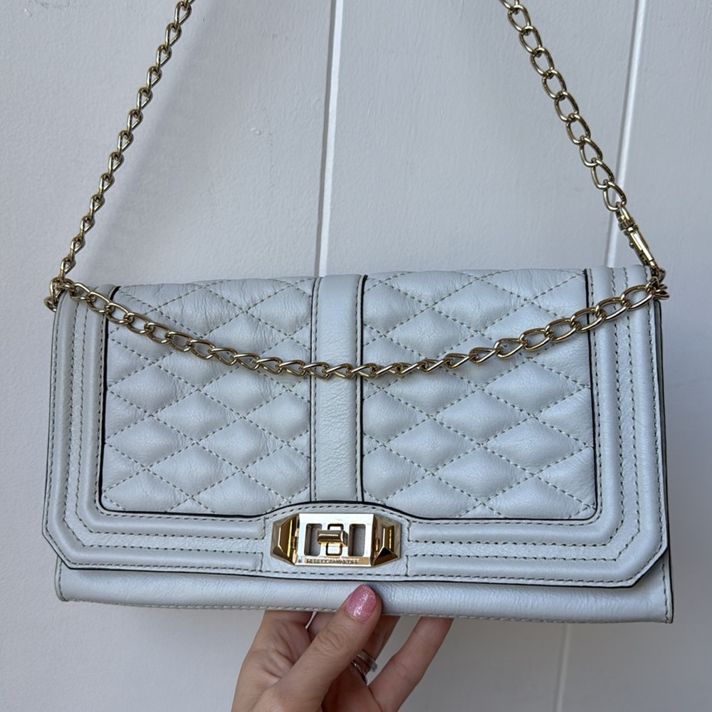 HOLD Rebecca Minkoff Love Quilted Crossbody Shoulder Bag Gray Beige Cream Taupe - Picture 3 of 11
